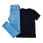 Light Blue Jeans and Black T-Shirt Mockup on White Surface